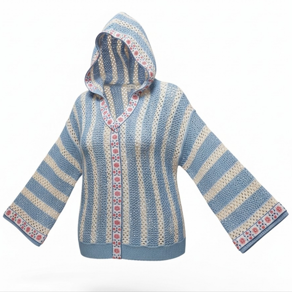 POL | Blue & Cream Striped Crochet Knit Boho Embroidered Hoodie Swim Cover | L